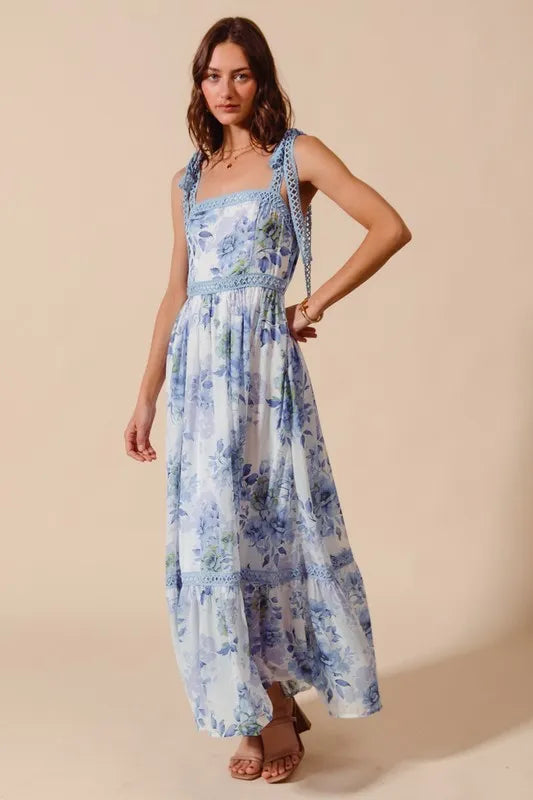 SO ME Floral Print Flowy Maxi Dress with Lace Ribbon Tie - Blushé Belle