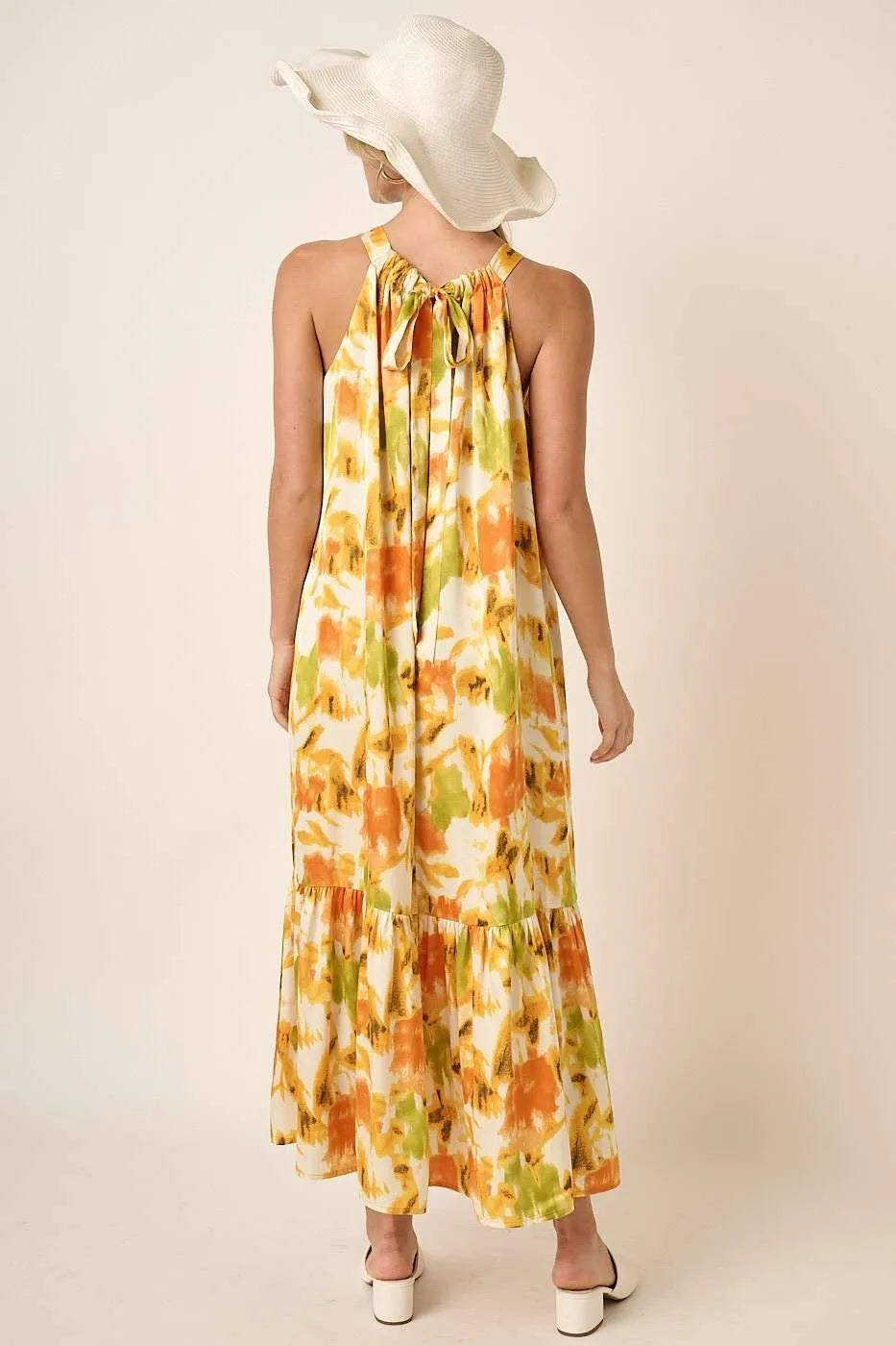 Mittoshop Watercolor Print Halter Neck Satin Maxi Dress - Blushé Belle