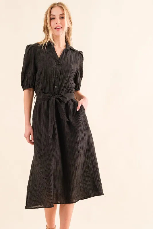 And The Why Waffle Textured Ribbon Waist Midi Dress - Blushé Belle