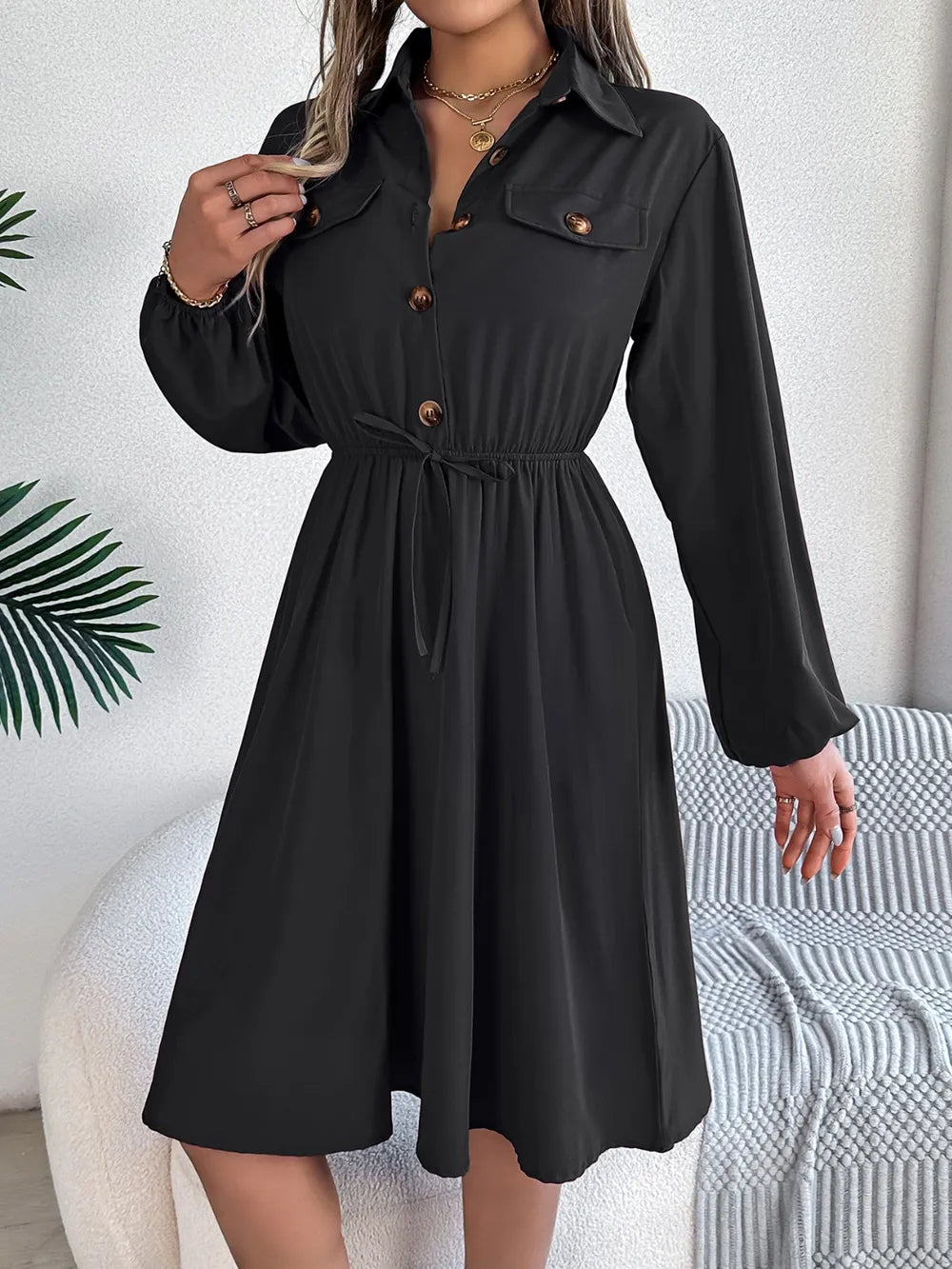 Collared Neck Long Sleeve Dress with Pockets - Blushé Belle