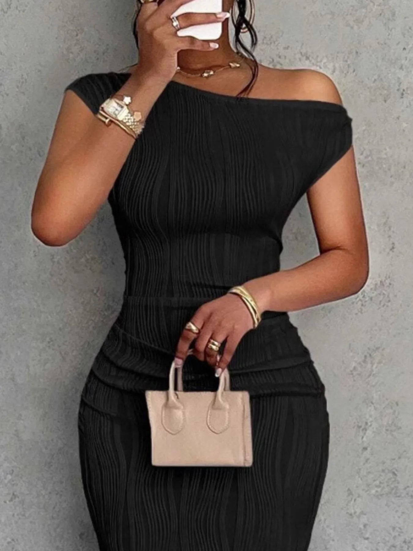Textured Single Shoulder Bodycon Maxi Dress - Blushé Belle