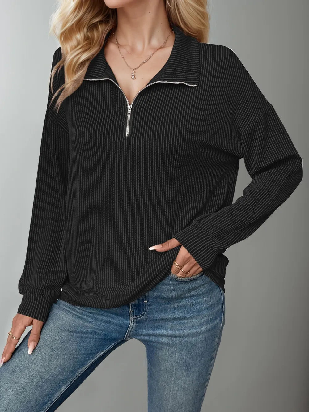 Double Take Striped Half Zip Long Sleeve T-Shirt - Blushé Belle