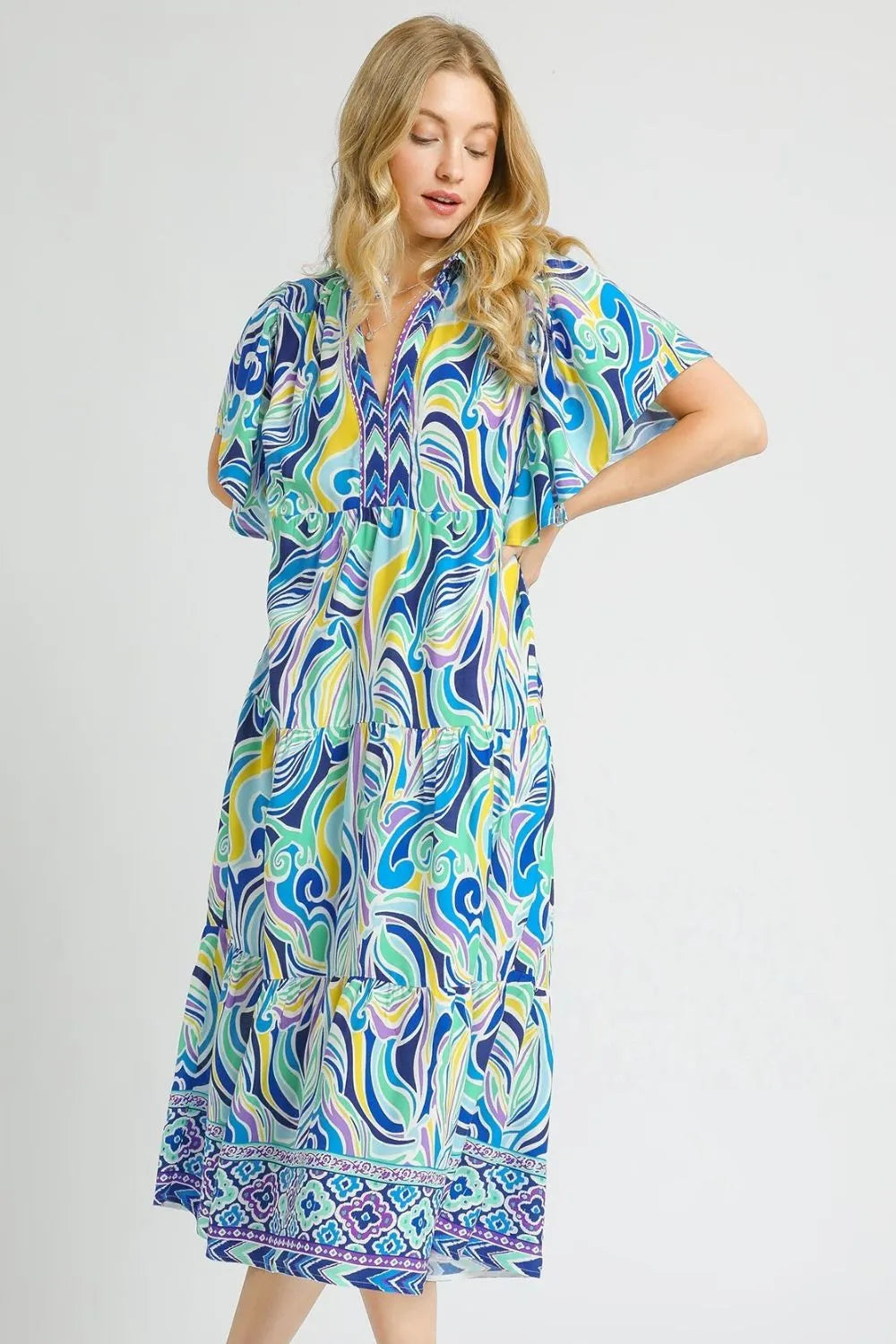 Umgee Printed Short Sleeve Tiered Midi Dress - Blushé Belle