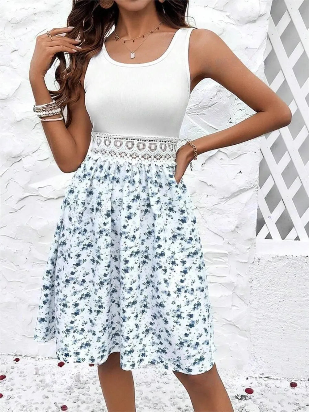 Lace Detail Floral Round Neck Sleeveless Dress - Blushé Belle