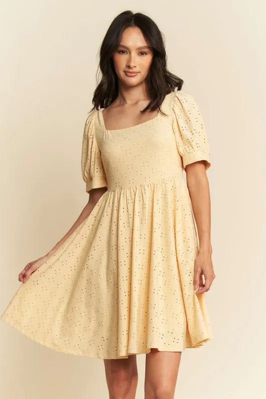 Davi & Dani Eyelet Baby Doll Romantic Square Neck Dress - Blushé Belle