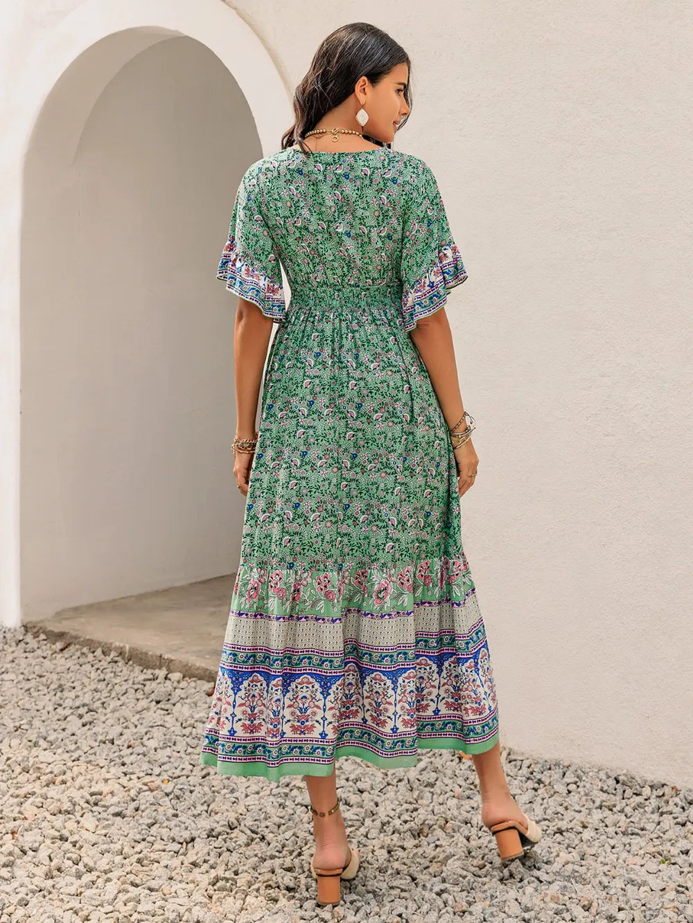 Ruched Printed Flounce Sleeve Midi Dress - Blushé Belle