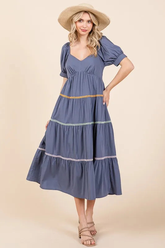 Lime 'N' Chili Trim Detail Puff Sleeve Tiered Maxi Dress - Blushé Belle