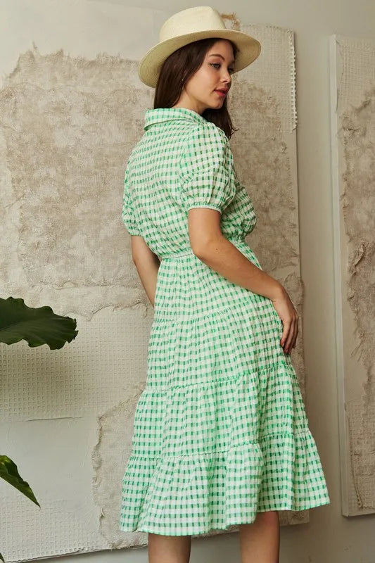 Davi & Dani Checkered Puff Sleeve Tiered Shirt Dress - Blushé Belle