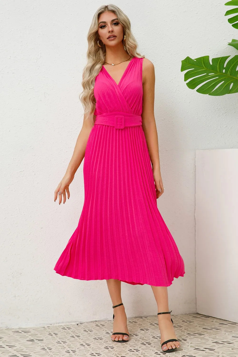 Surplice Sleeveless Midi Pleated Dress - Blushé Belle