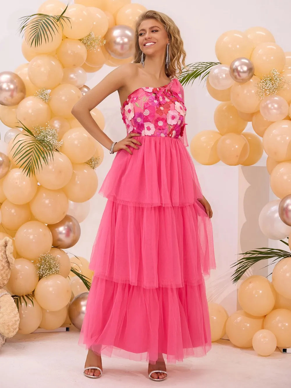 Embroidered Layered Single Shoulder Midi Dress - Blushé Belle