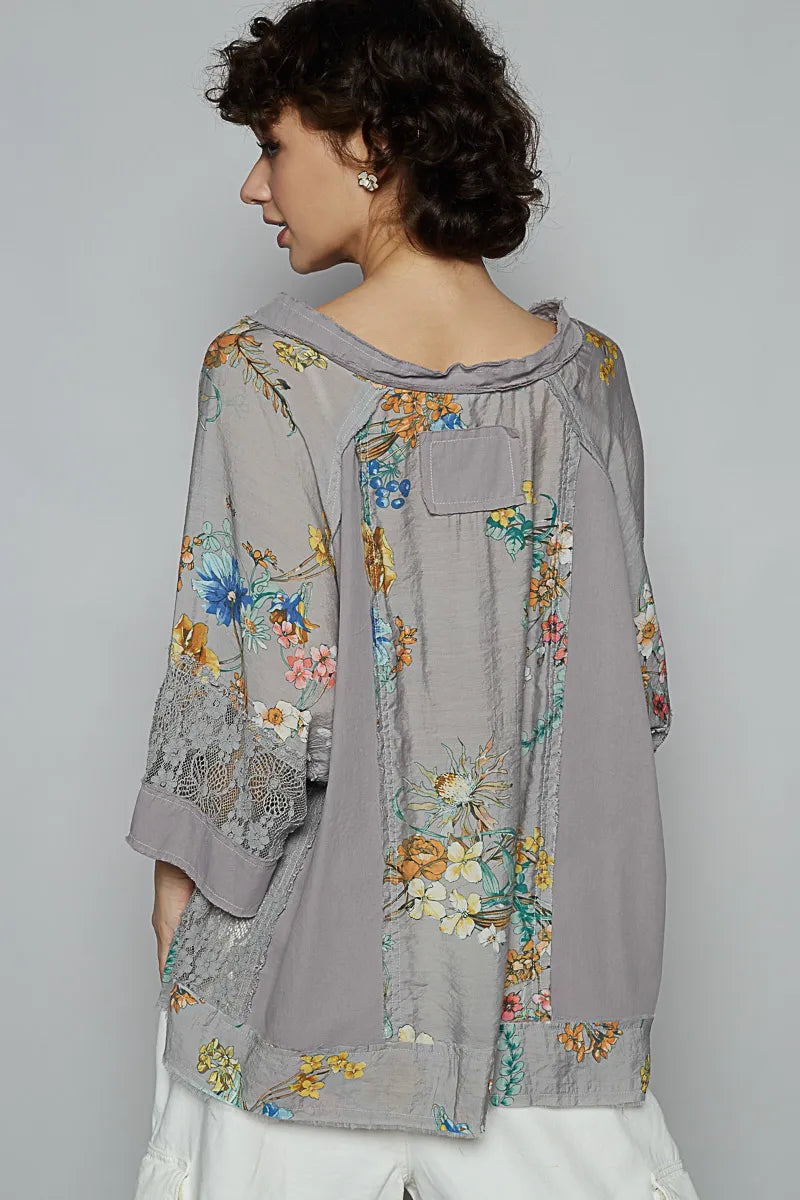 POL Floral V-Neck Raw Edge T-Shirt with Lace Detail - Blushé Belle