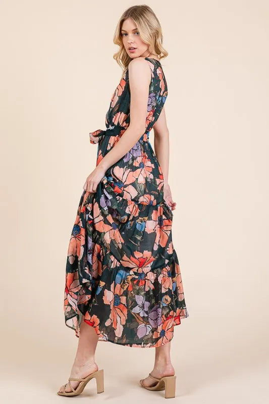 Lime 'N' Chili Floral Print Sleeveless Tie Waist Maxi Dress - Blushé Belle