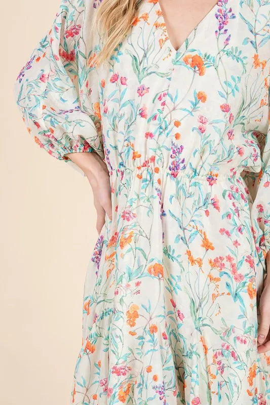 Lime 'N' Chili Floral Cinched Waist Balloon Sleeve V-Neck Dress - Blushé Belle