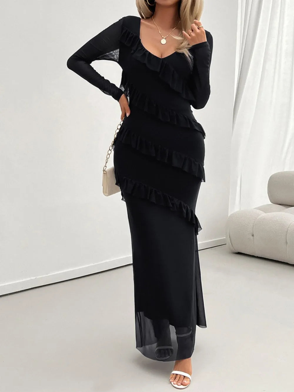 Devine Ruffled Surplice Long Sleeve Maxi Dress - Blushé Belle
