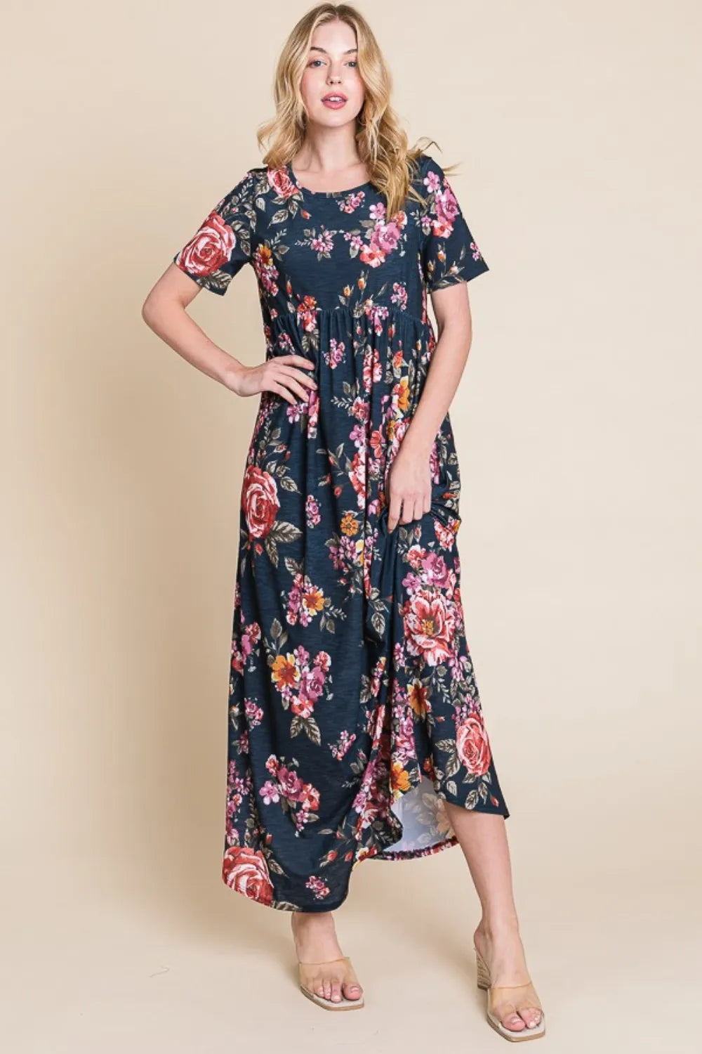 BOMBOM Floral Short Sleeve Maxi Dress - Blushé Belle