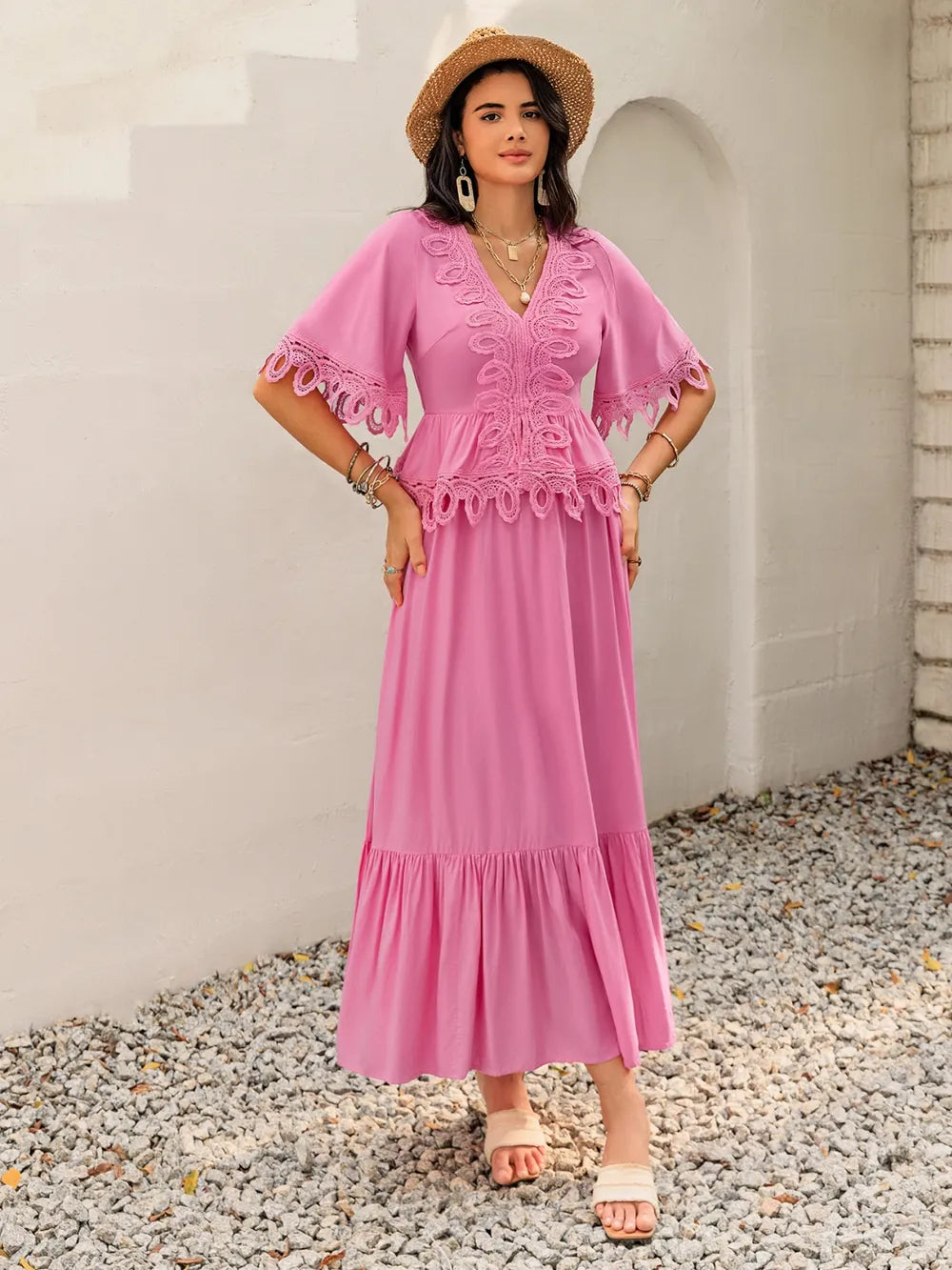 Lace Detail V-Neck Half Sleeve Midi Dress - Blushé Belle