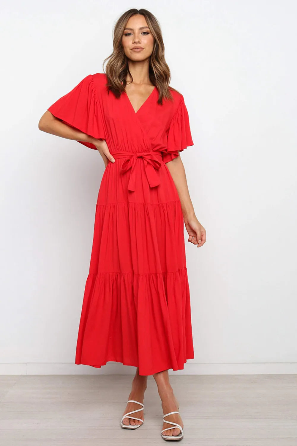 Front Tie Short Sleeve Tiered Midi Dress - Blushé Belle