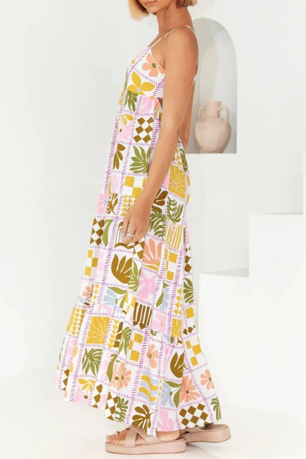 Cutout Back Printed Square Neck Maxi Cami Dress - Blushé Belle