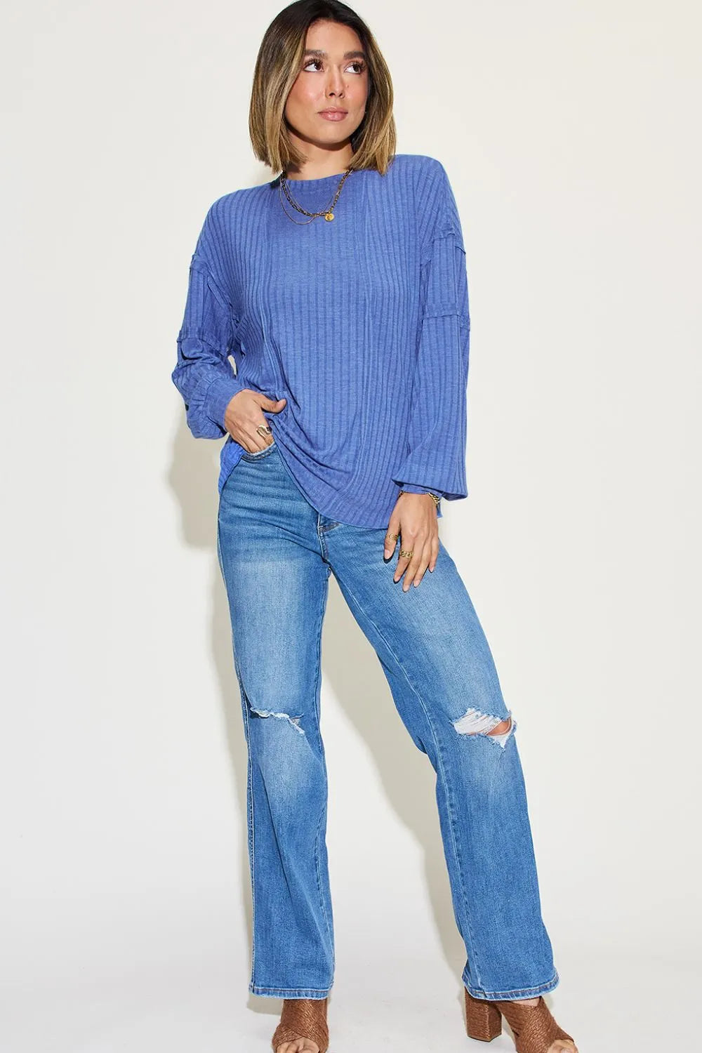 Basic Bae Full Size Ribbed Round Neck Long Sleeve T-Shirt - Blushé Belle