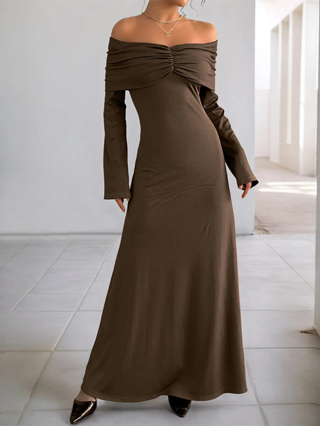 Off-Shoulder Long Sleeve Bodycon Maxi Dress - Blushé Belle
