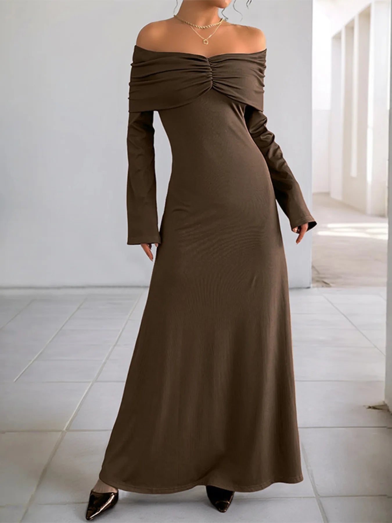 Off-Shoulder Long Sleeve Bodycon Maxi Dress - Blushé Belle