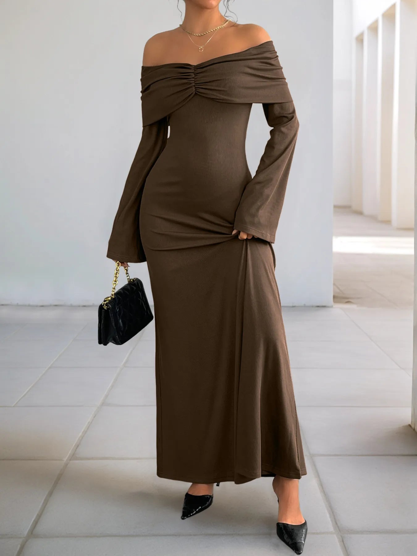 Off-Shoulder Long Sleeve Bodycon Maxi Dress - Blushé Belle