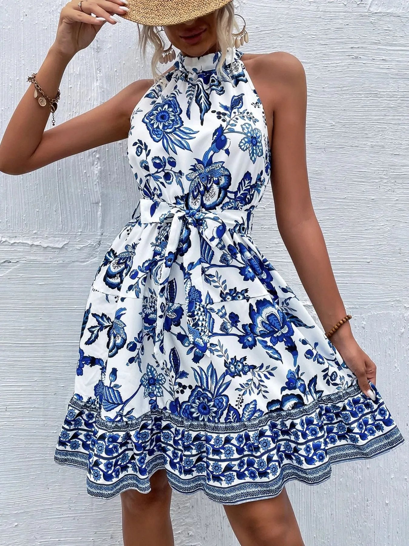 Floral Halter Neck Summer Dress with Belt - Blushé Belle