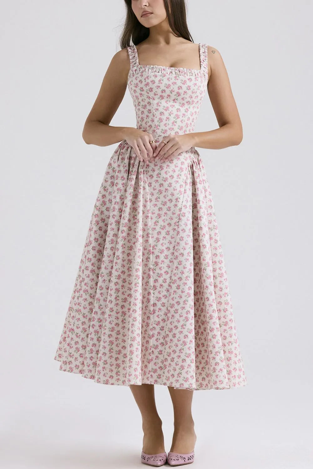 Floral Square Neck Wide Strap Midi Dress - Blushé Belle