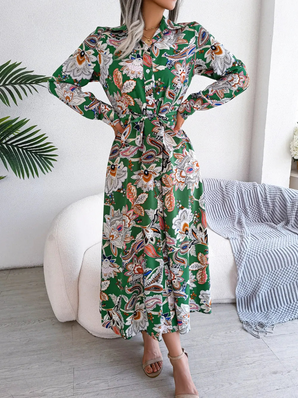 Tied Printed Long Sleeve Midi Dress - Blushé Belle