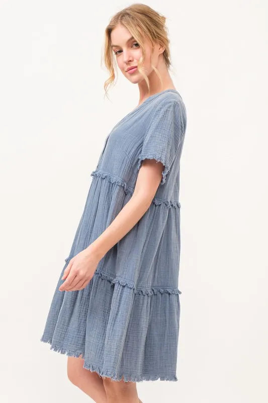 And The Why Washed Frayed Detail Tiered Dress - Blushé Belle