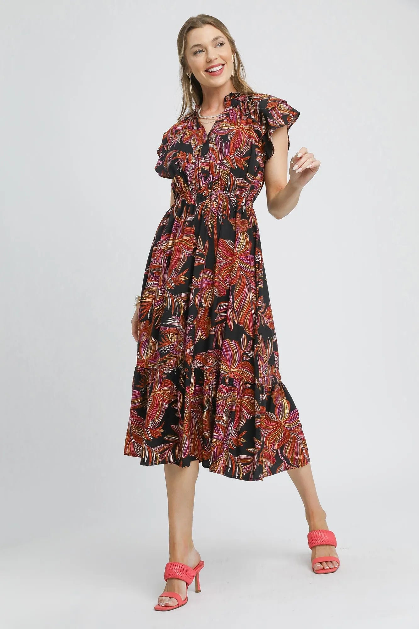 Umgee Mix Ruffle Sleeve Tropical Midi Dress - Blushé Belle
