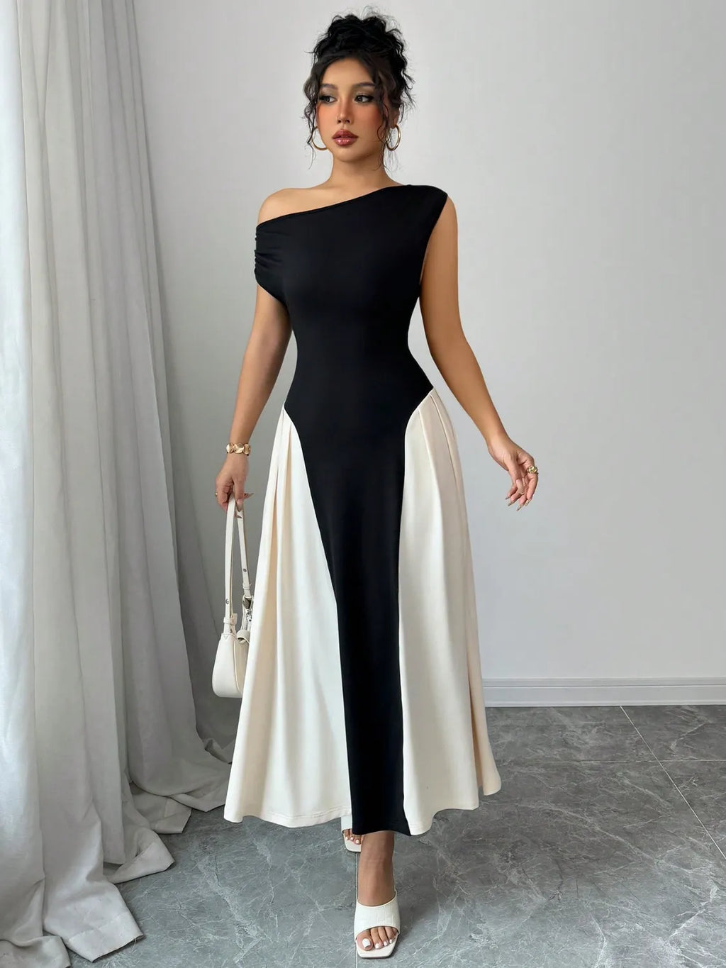 Contrast Single Shoulder Midi Dress - Blushé Belle