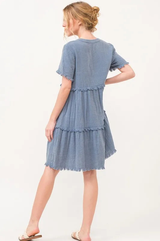 And The Why Washed Frayed Detail Tiered Dress - Blushé Belle