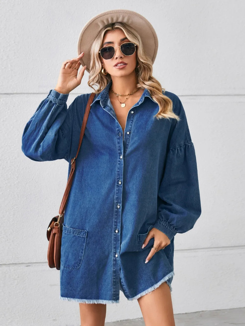Button Up Pocketed Raw Hem Denim Dress - Blushé Belle