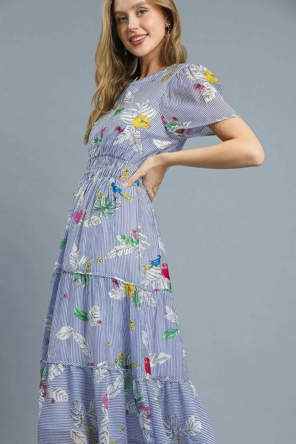 Umgee Smocked Waist Floral Short Sleeve Midi Dress - Blushé Belle