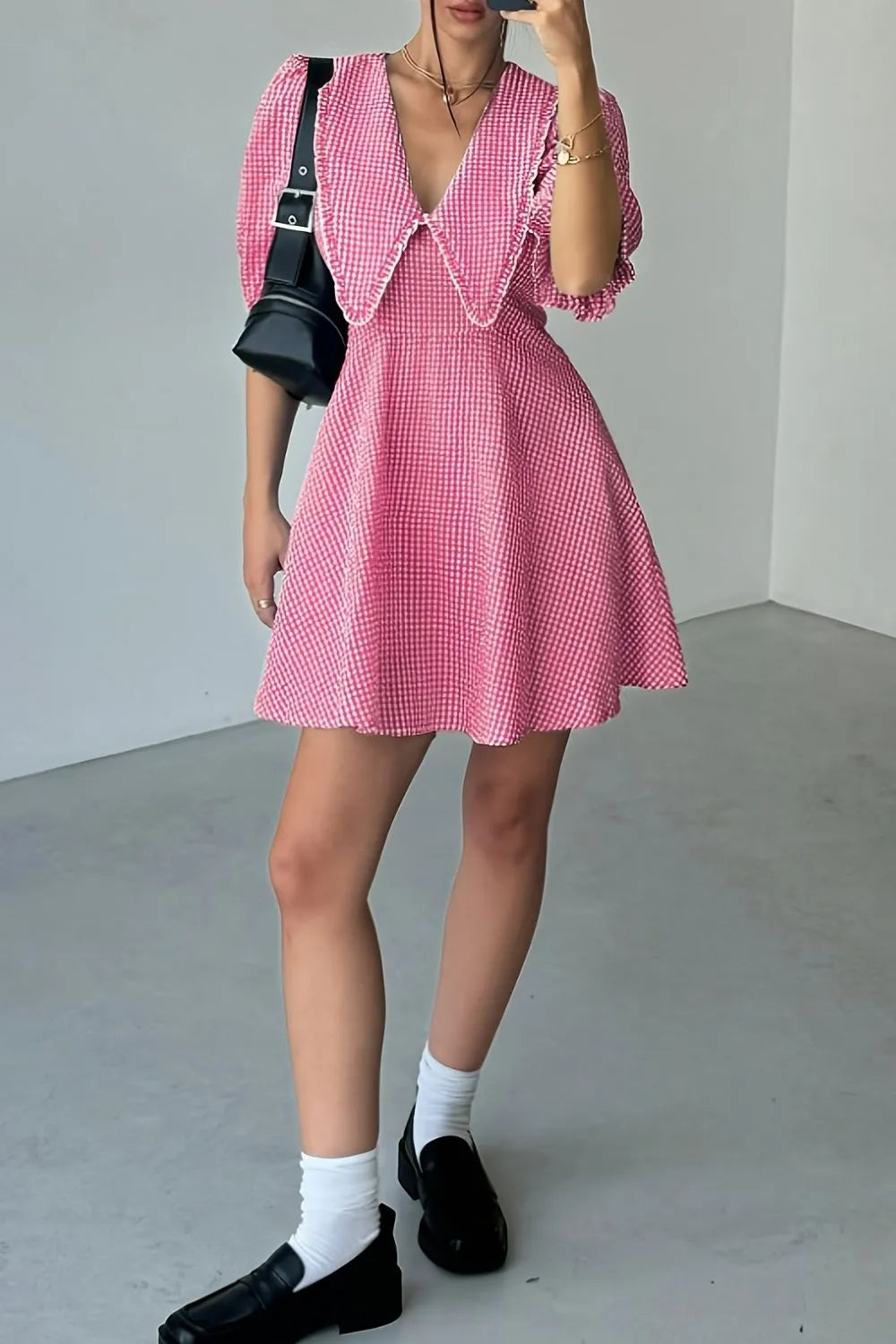 Gingham Puff Sleeve Mini Dress - Blushé Belle