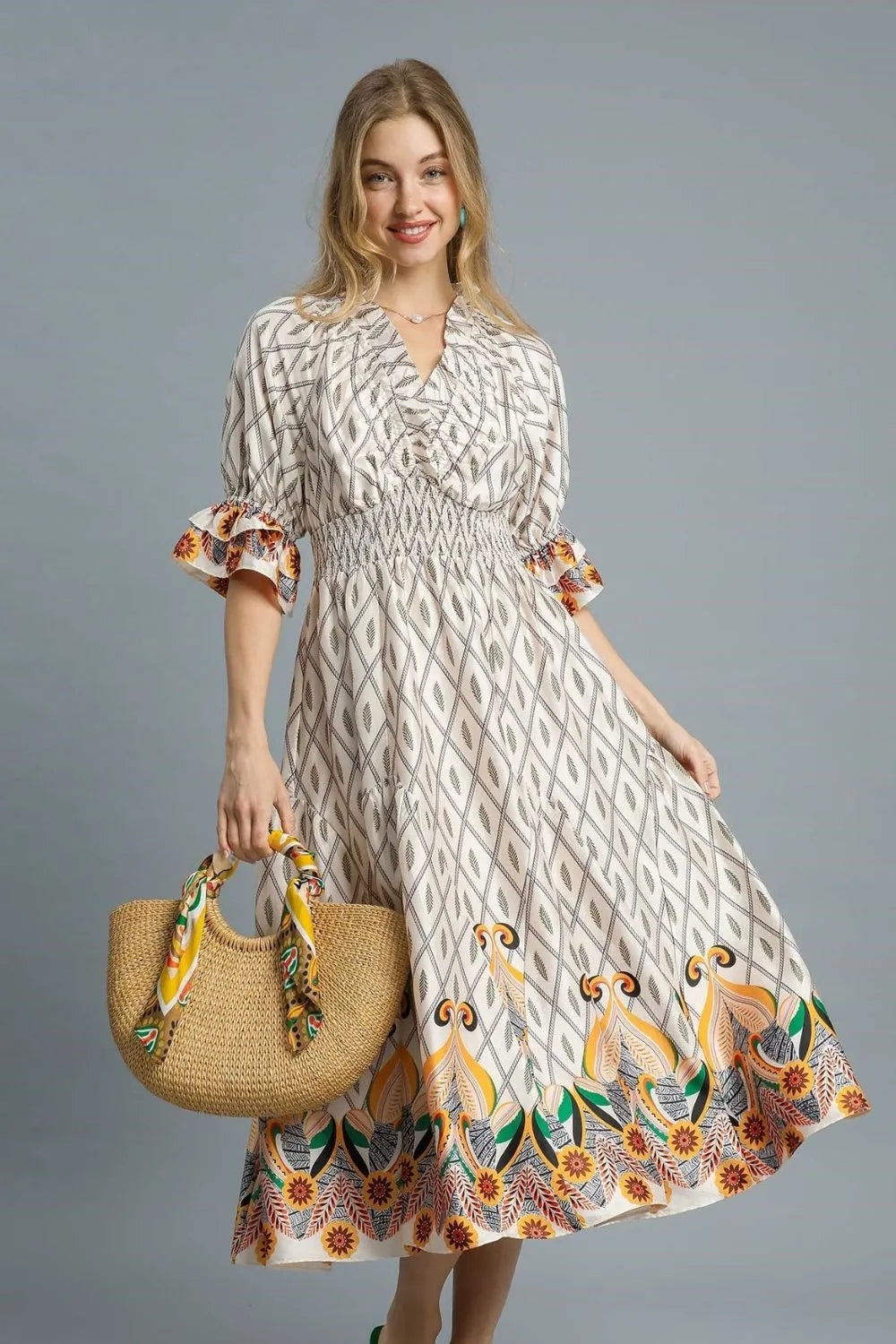 Umgee Printed Smocked Waist Flounce Sleeve Midi Dress - Blushé Belle