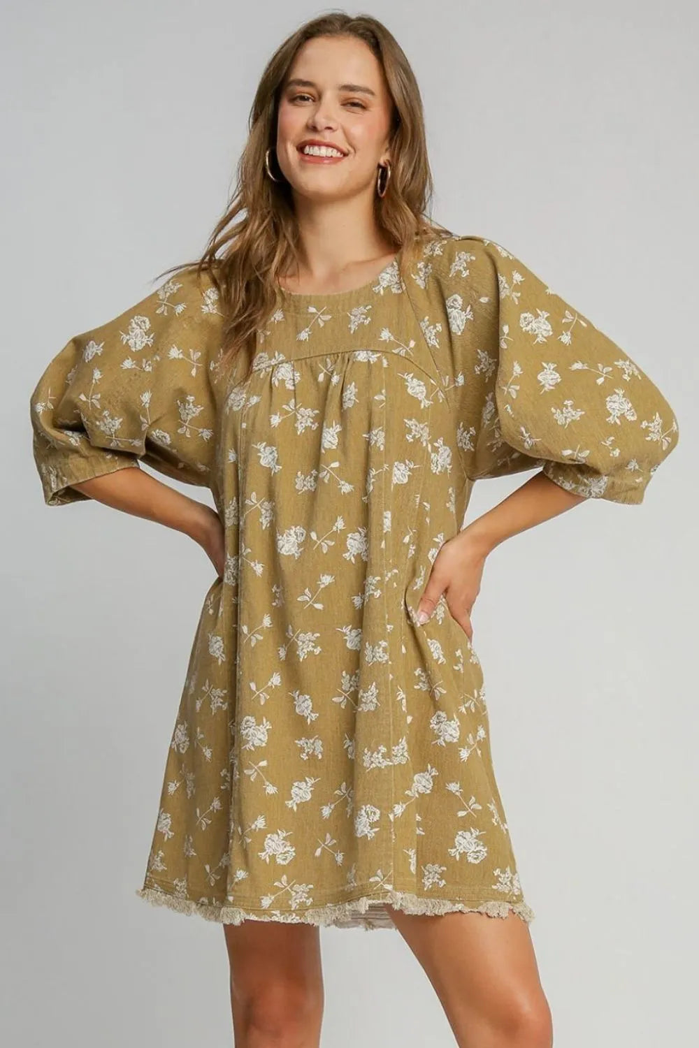 Umgee Raw Hem Floral Print Round Neck Denim Dress - Blushé Belle