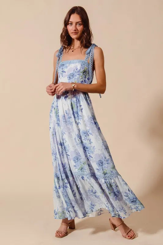 SO ME Floral Print Flowy Maxi Dress with Lace Ribbon Tie - Blushé Belle
