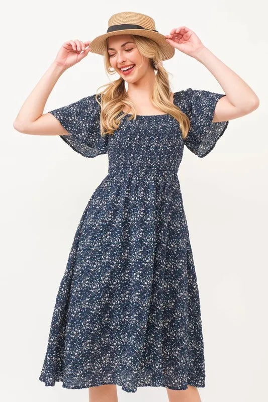 Lime 'N' Chili Smocked Floral Print Flutter Sleeve Midi Dress - Blushé Belle