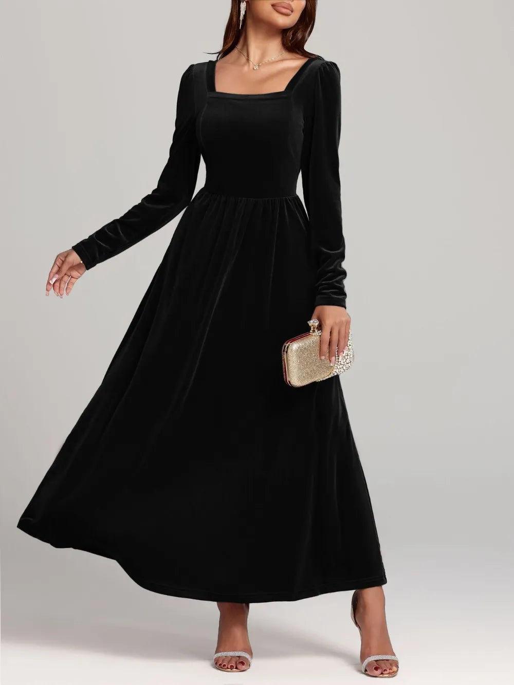 Velvet Square Neck Long Sleeve Dress - Blushé Belle