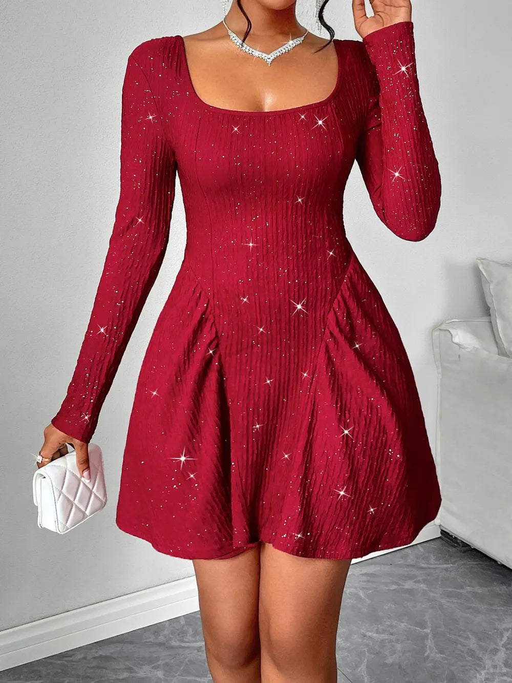 Backless Glitter Square Neck Long Sleeve Mini Dress - Blushé Belle