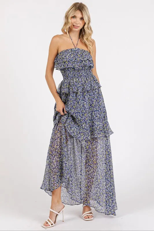 Mittoshop Ruffled Smocked Floral Halter Neck Maxi Dress - Blushé Belle