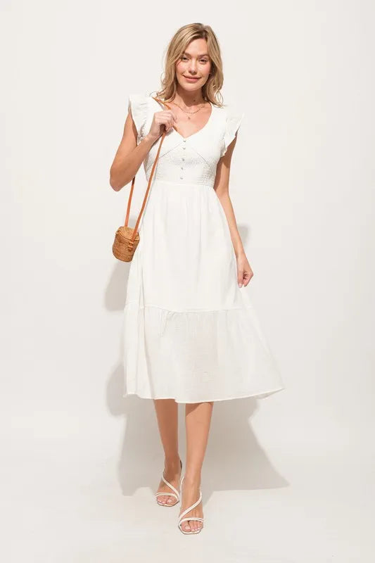 And The Why Ruffle Sleeve Front Smocked Tiered Midi Dress - Blushé Belle