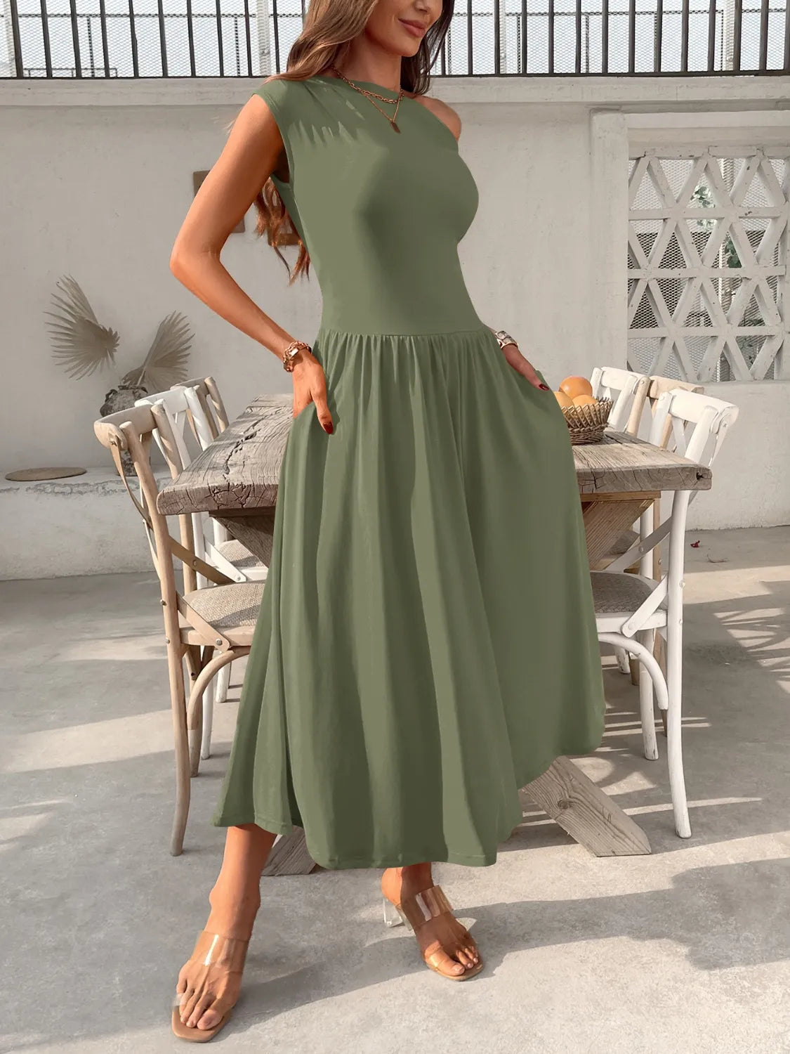 Single Shoulder Midi Dress with Pockets - Blushé Belle