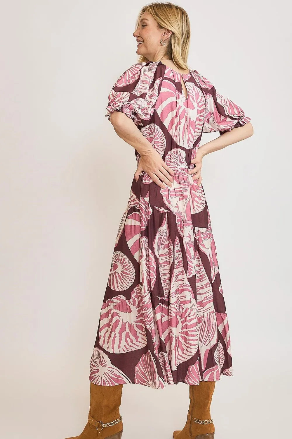 Umgee Full Size Printed Notched Puff Sleeve Midi Dress Plus Size - Blushé Belle