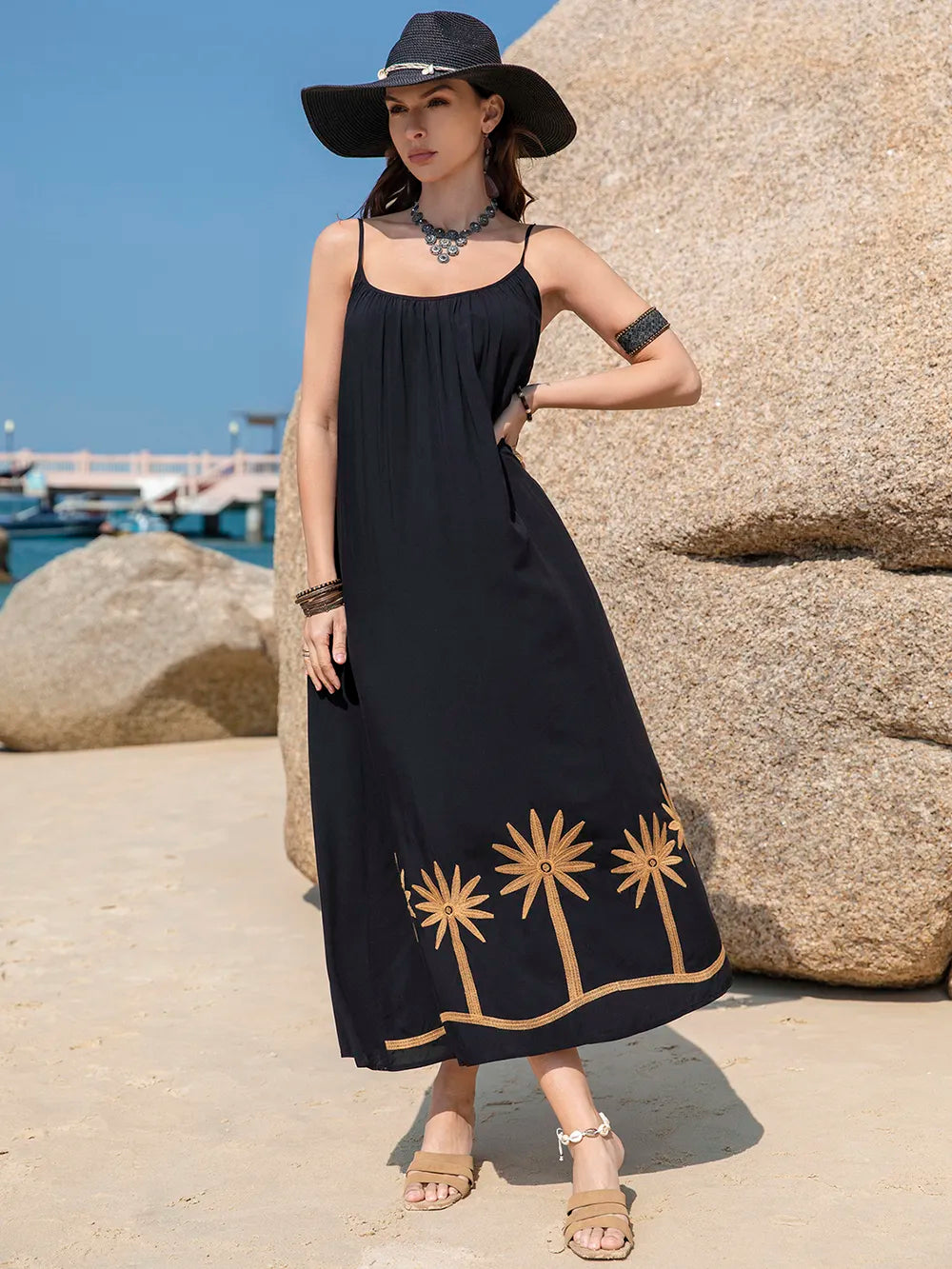 Embroidered Scoop Neck Midi Cami Dress - Blushé Belle