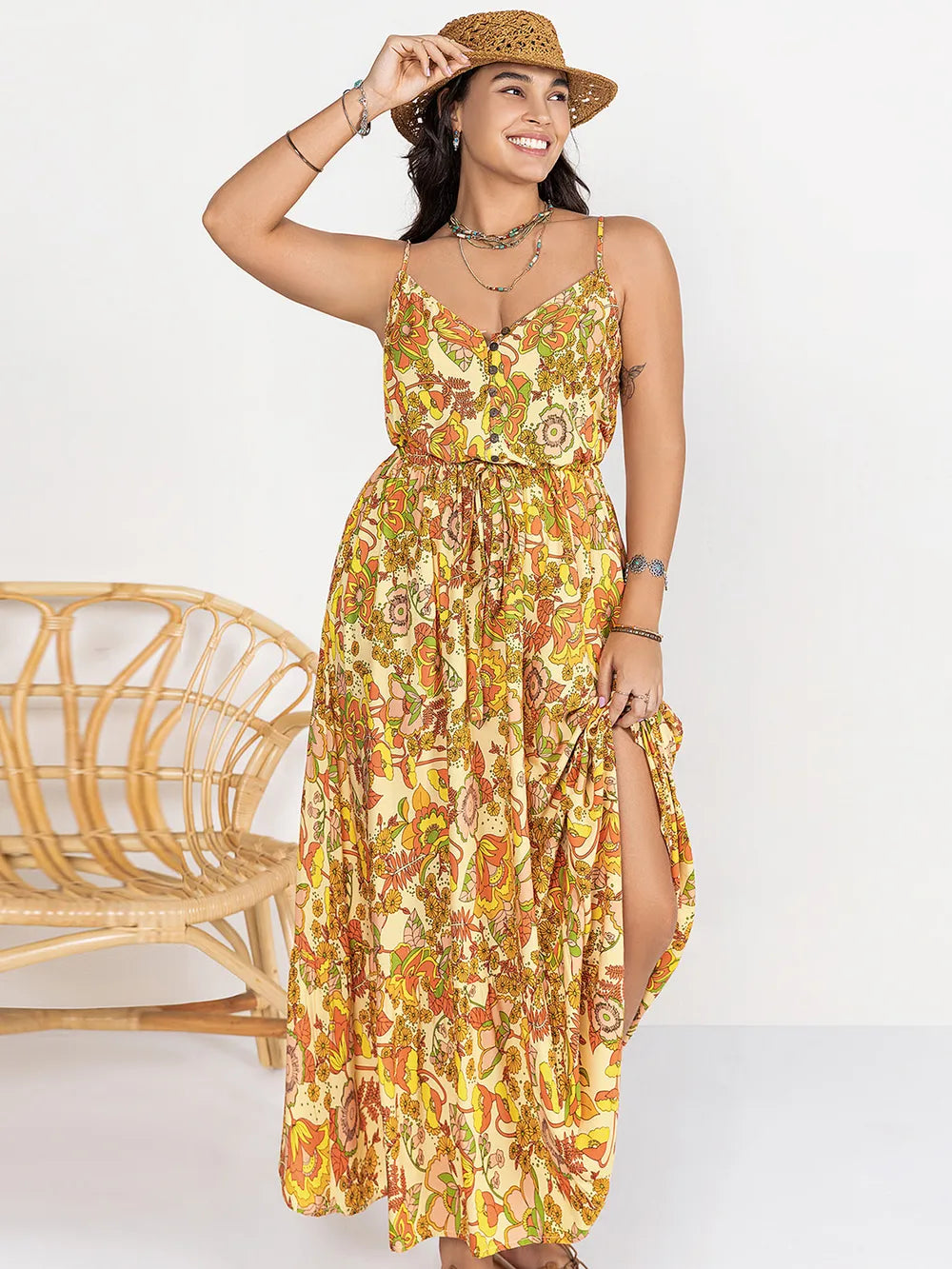 Plus Size Printed V-Neck Maxi Cami Dress - Blushé Belle