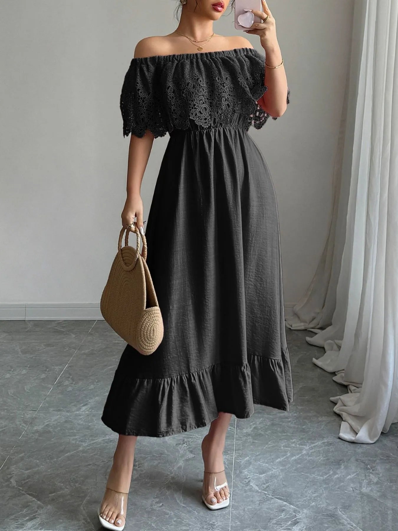 Off-Shoulder Lace Ruffle Midi Dress - Blushé Belle