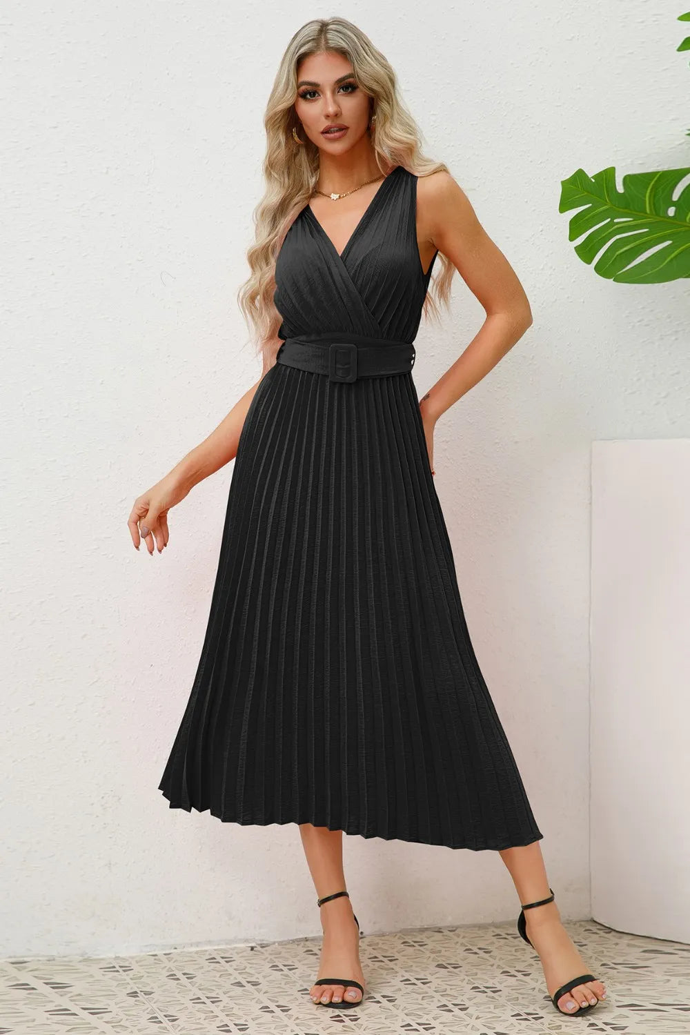 Surplice Sleeveless Midi Pleated Dress - Blushé Belle